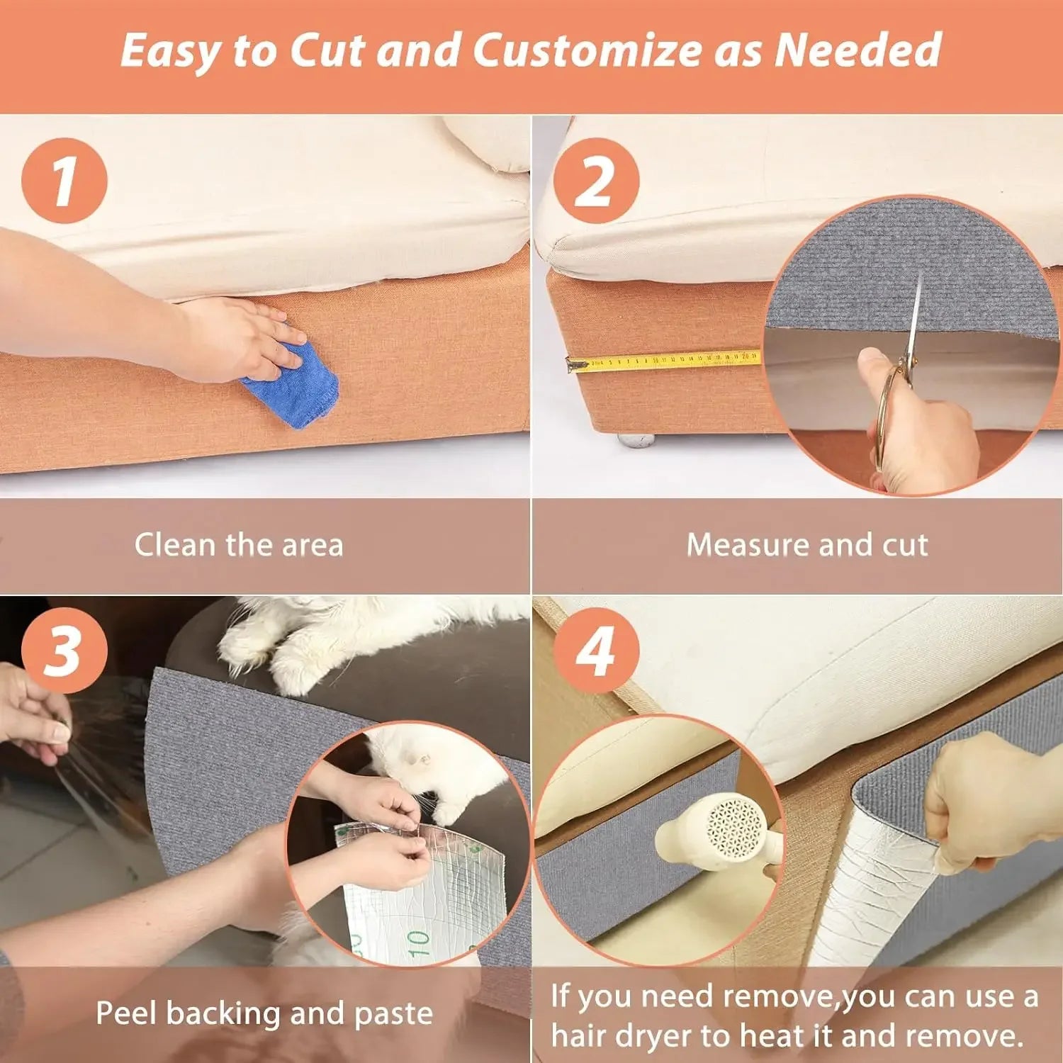 Self-Adhesive Cat Scratching Mat Trimmable Carpet, Furniture Protector Pad for Sofa, Couch, Wall, Anti-Scratch Cat Post