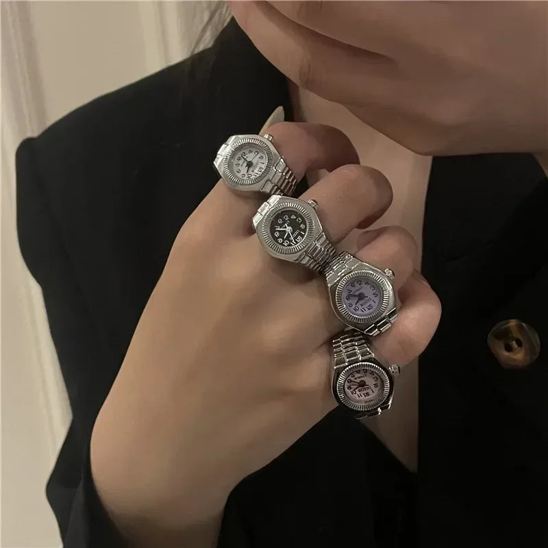 Vintage Punk Finger Watch with Elastic Strap – Retro Roman Quartz Couple Rings for Men & Women