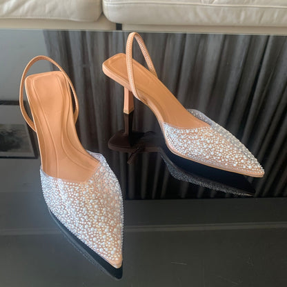 Elegant Summer Women High Heels Pearl Decorated Slingback Pumps Pointed Toe High Heels Sandals for Women
