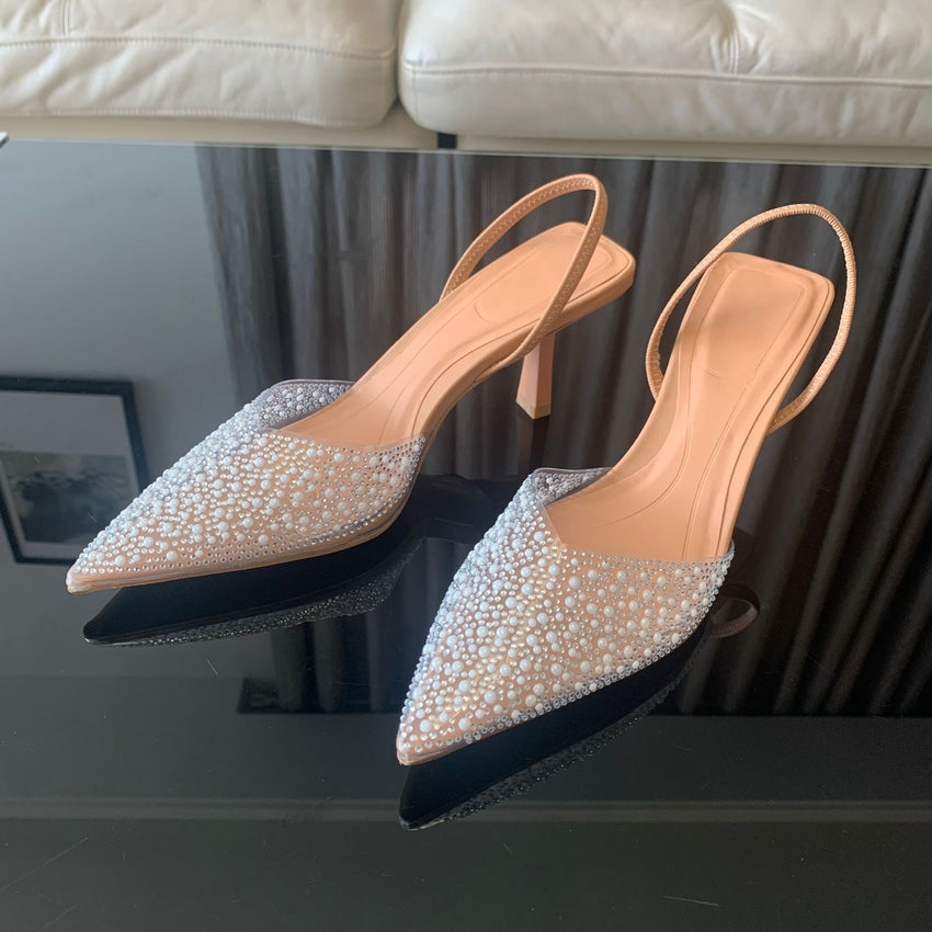 Elegant Summer Women High Heels Pearl Decorated Slingback Pumps Pointed Toe High Heels Sandals For  2