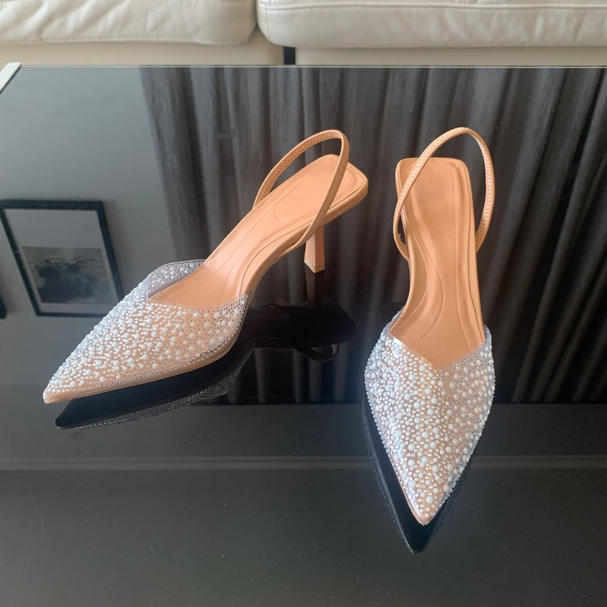 Elegant Summer Women High Heels Pearl Decorated Slingback Pumps Pointed Toe High Heels Sandals For  3
