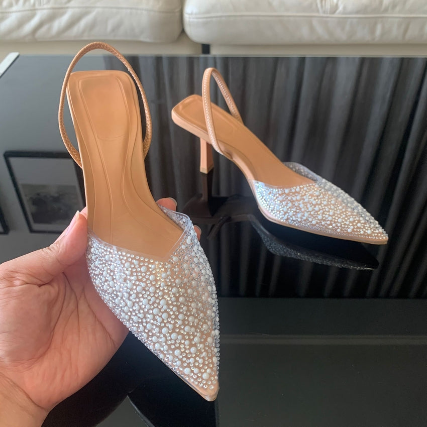 Elegant Summer Women High Heels Pearl Decorated Slingback Pumps Pointed Toe High Heels Sandals For  4