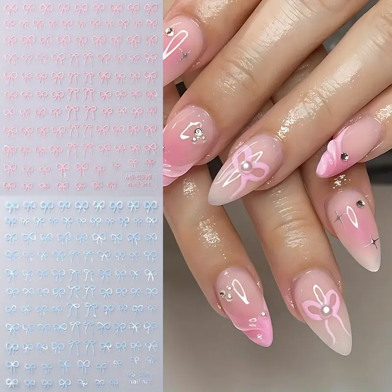 Self-Adhesive Nail Art Stickers, Mini Bowknot Design with Lace Ribbons, Bows & Butterfly Decals for Stunning Nails