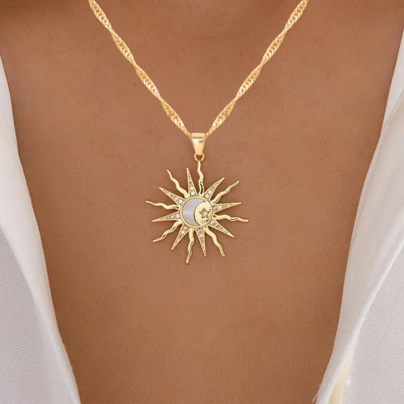 Vintage Gold Sun Moon Pendant Necklace for Women, Shining Rhinestone Unique Design, Trendy Geometric Choker