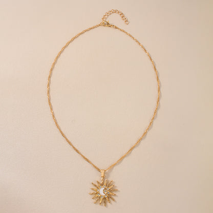 Vintage Gold Sun Moon Pendant Necklace for Women, Shining Rhinestone Unique Design, Trendy Geometric Choker