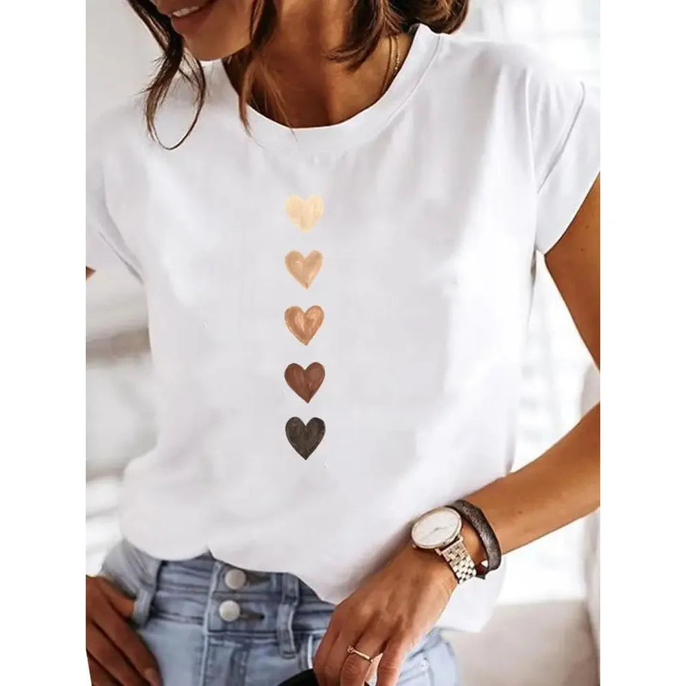 Love Heart Print Women Summer T Shirt Y2K Funny O Neck Tops Tee for Girls, 90s Casual Female Clothing