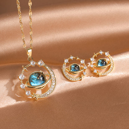 Elegant Titanium Steel Planet Jewelry Set, Round Earring & Necklace Gift for Women, Fashionable Female Birthday Present