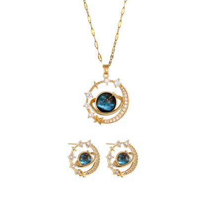 Elegant Titanium Steel Planet Jewelry Set, Round Earring & Necklace Gift for Women, Fashionable Female Birthday Present