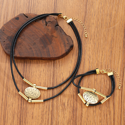 Oval Metal Necklace & Bracelet with Faux Leather Double Layered Chain, Elegant & Adjustable