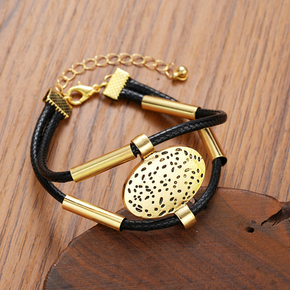 Oval Metal Necklace & Bracelet with Faux Leather Double Layered Chain, Elegant & Adjustable