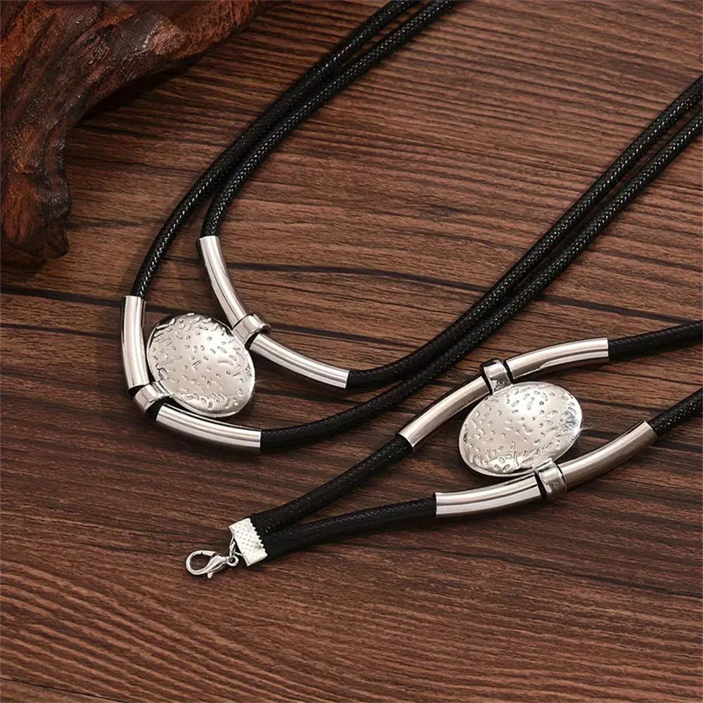 Oval Metal Necklace & Bracelet with Faux Leather Double Layered Chain, Elegant & Adjustable