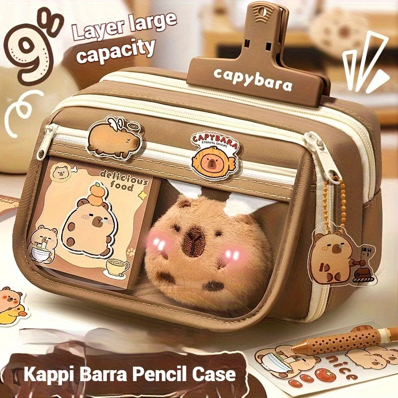 Cute Capybara Canvas Pencil Case Set with Doll Stickers, Layered Compartment, Zipper Closure for Back to School Supplies