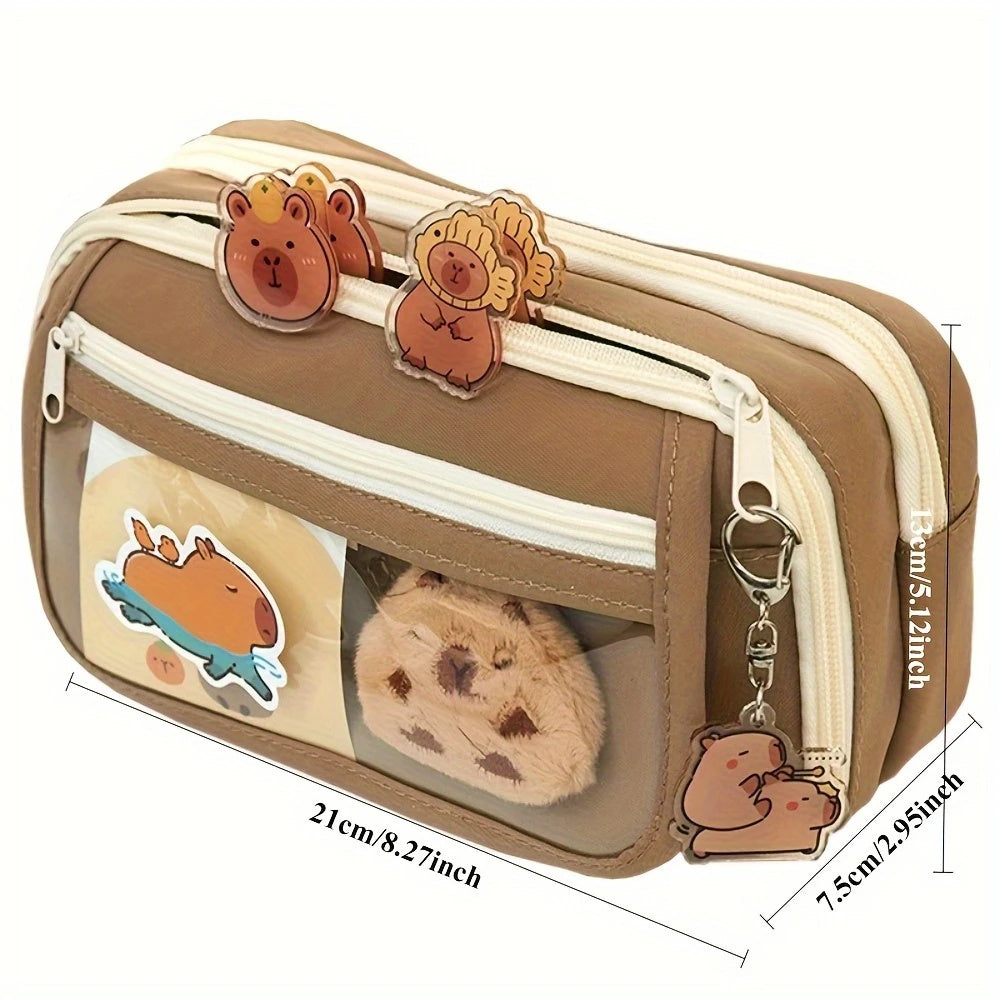 Cute Capybara Canvas Pencil Case Set With Doll Stickers Layered Compartment Zipper Closure For Back 3