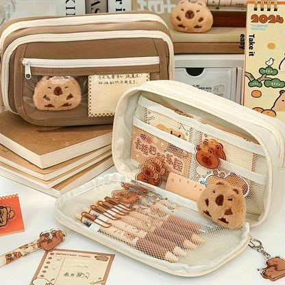 Cute Capybara Canvas Pencil Case Set With Doll Stickers Layered Compartment Zipper Closure For Back 2