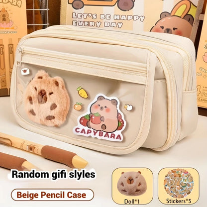 Cute Capybara Canvas Pencil Case Set With Doll Stickers Layered Compartment Zipper Closure For Back 6