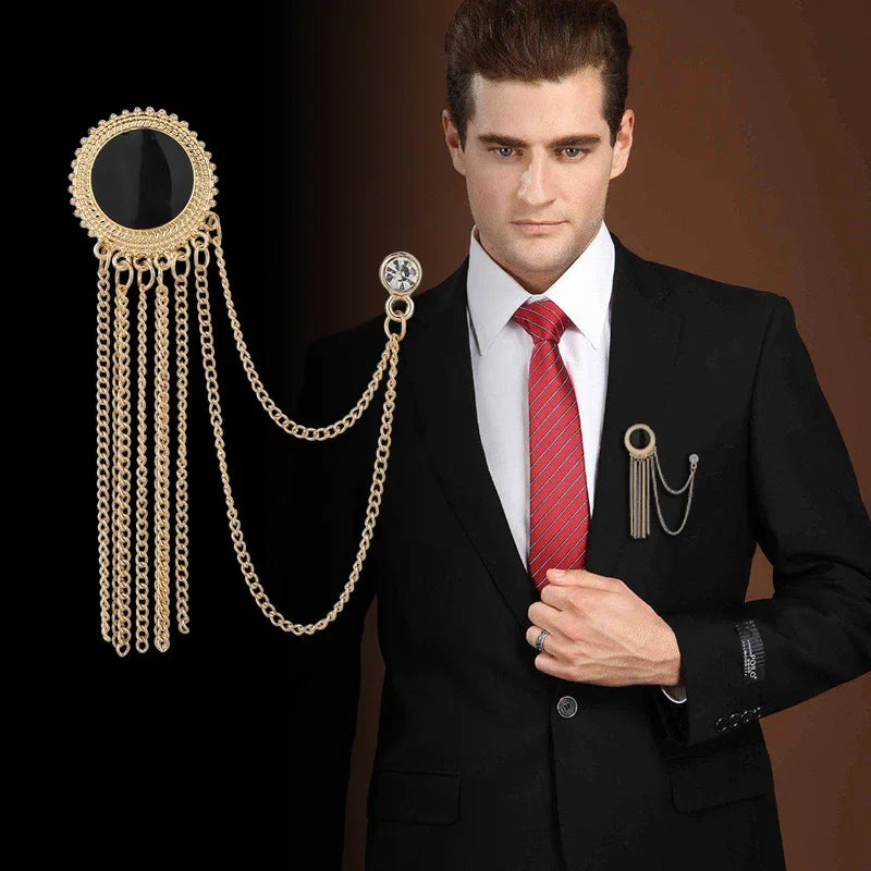Mens Black Tassel Corsage Brooch – Metal Rhinestone Collar Pin for Suit & Shirt Jewelry
