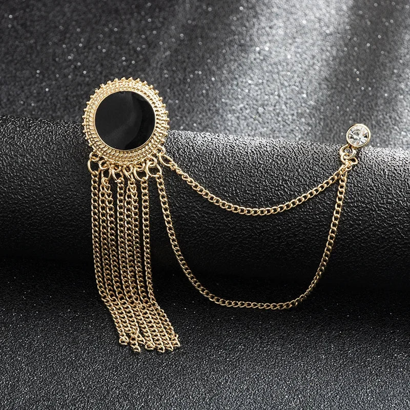 Mens Black Tassel Corsage Brooch  Metal Rhinestone Collar Pin For Suit  Shirt Jewelry 1