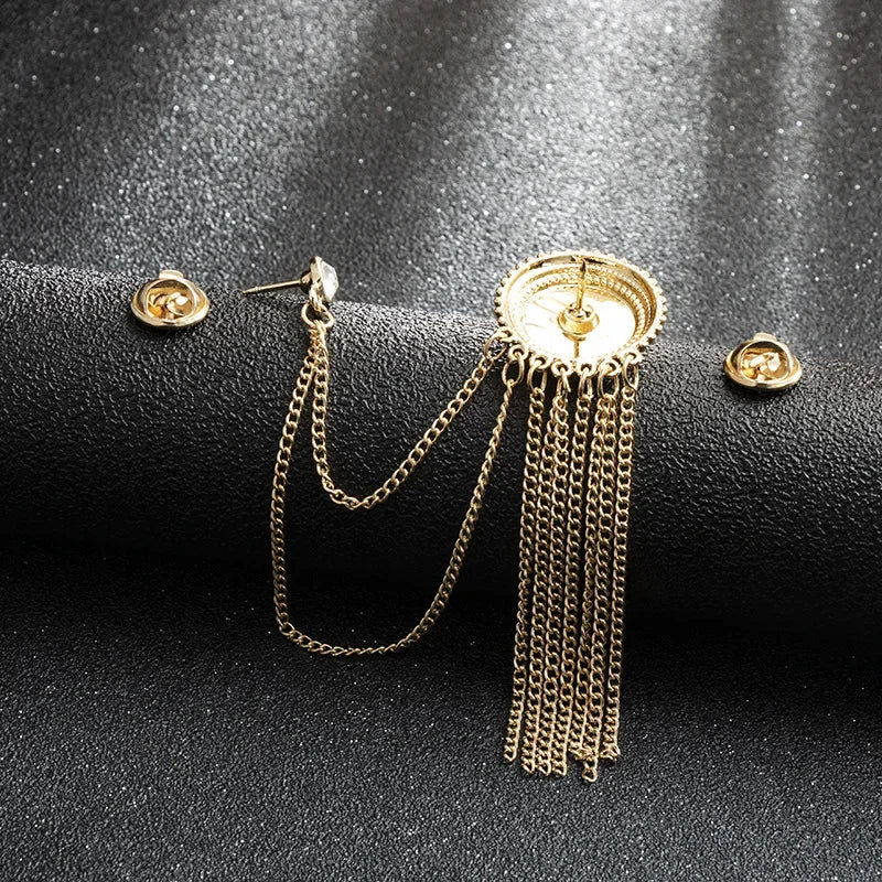 Mens Black Tassel Corsage Brooch  Metal Rhinestone Collar Pin For Suit  Shirt Jewelry 2