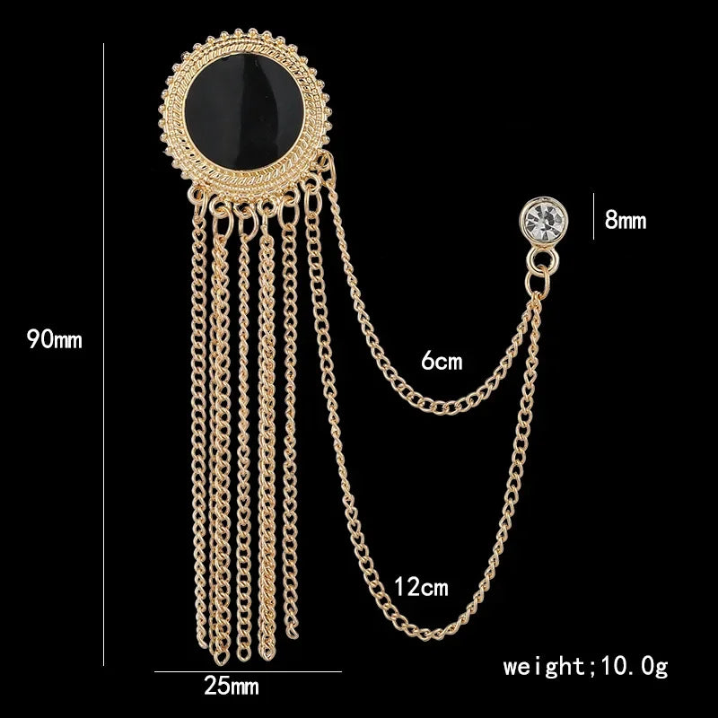 Mens Black Tassel Corsage Brooch  Metal Rhinestone Collar Pin For Suit  Shirt Jewelry 3