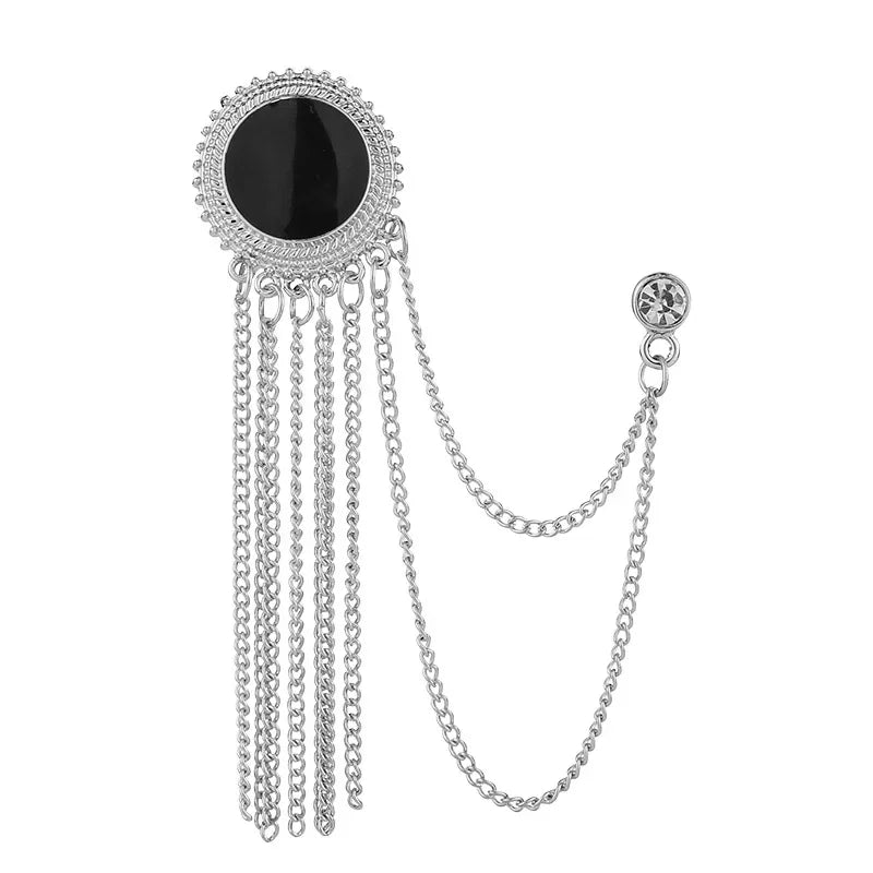 Mens Black Tassel Corsage Brooch  Metal Rhinestone Collar Pin For Suit  Shirt Jewelry 6
