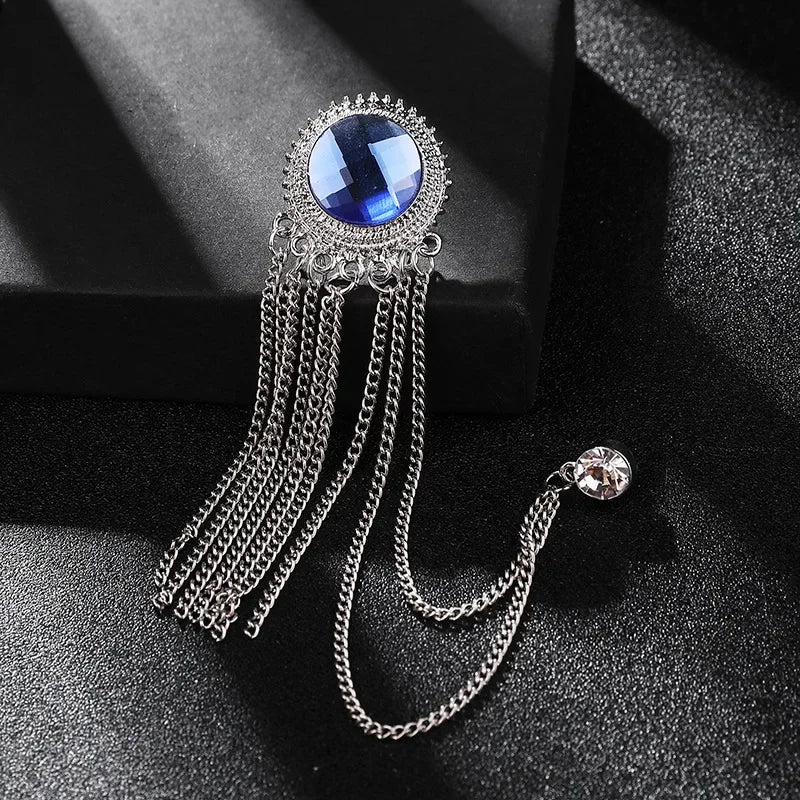 Mens Black Tassel Corsage Brooch  Metal Rhinestone Collar Pin For Suit  Shirt Jewelry 9