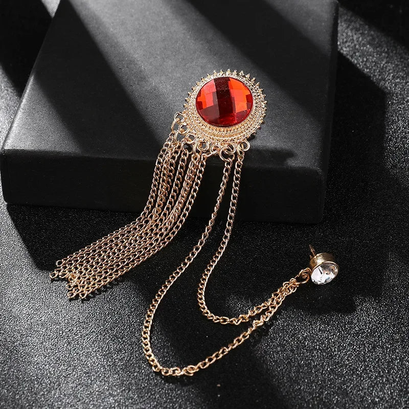 Mens Black Tassel Corsage Brooch  Metal Rhinestone Collar Pin For Suit  Shirt Jewelry 10