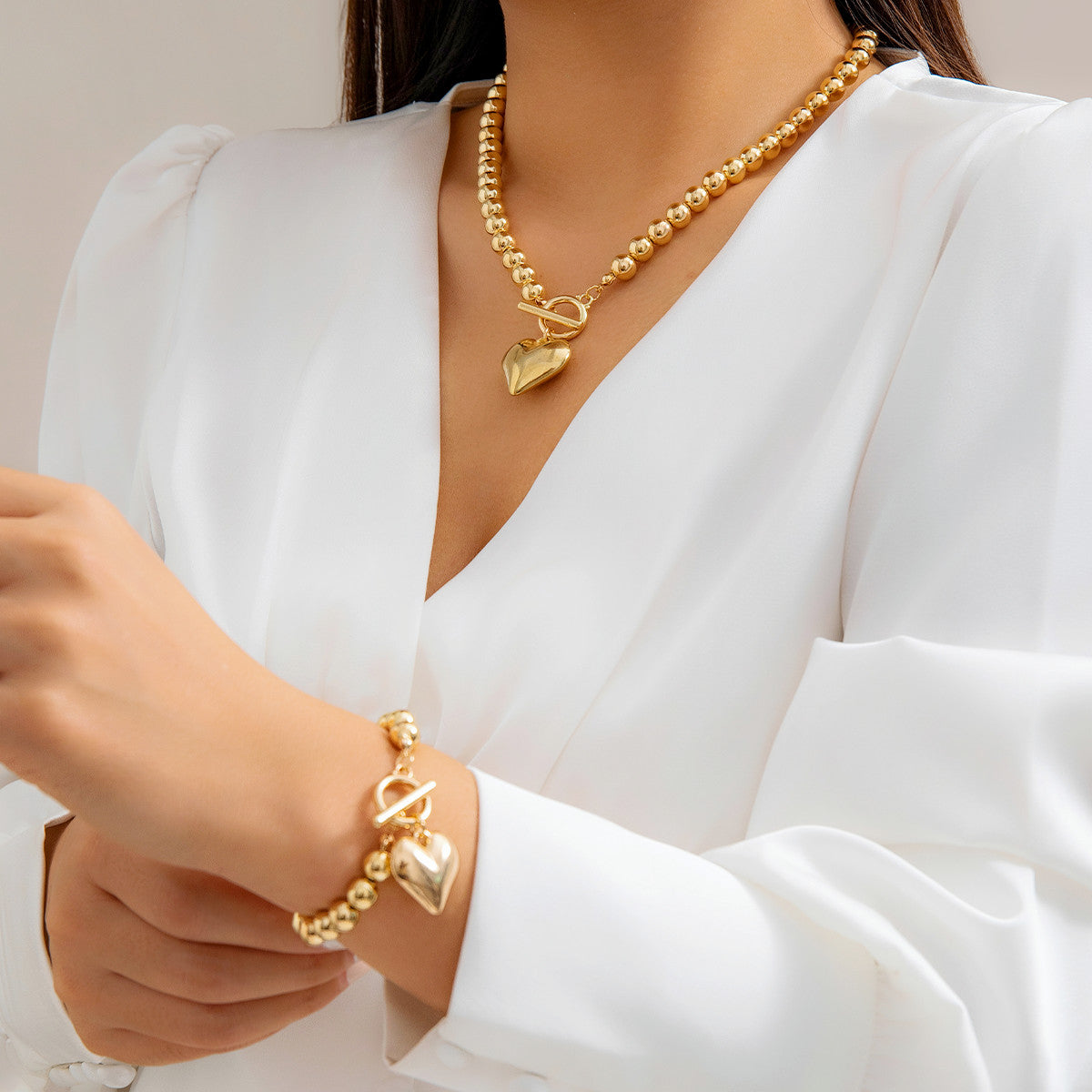 Trendy Hollow Heart Pendant Necklace, Ball Bead Chain Choker Necklace for Women, Elegant Party Jewelry Set