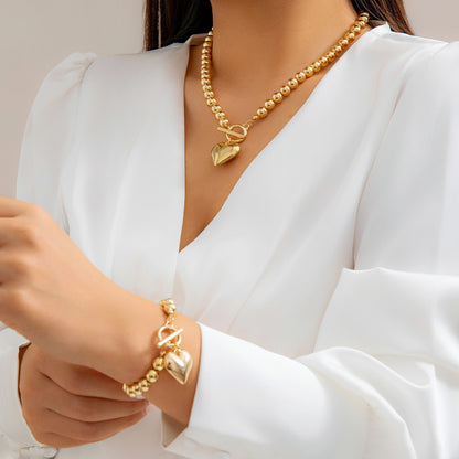 Trendy Hollow Heart Pendant Necklace, Ball Bead Chain Choker Necklace for Women, Elegant Party Jewelry Set
