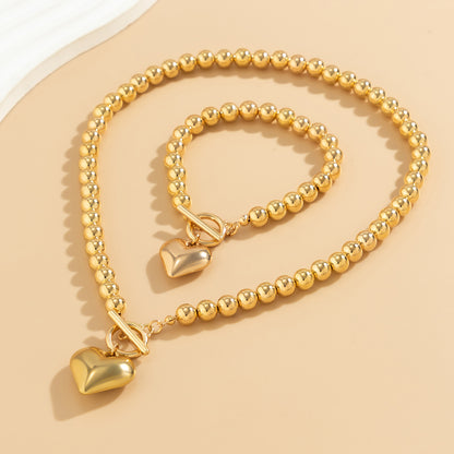 Trendy Hollow Heart Pendant Necklace, Ball Bead Chain Choker Necklace for Women, Elegant Party Jewelry Set