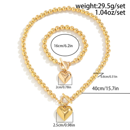 Trendy Hollow Heart Pendant Necklace, Ball Bead Chain Choker Necklace for Women, Elegant Party Jewelry Set