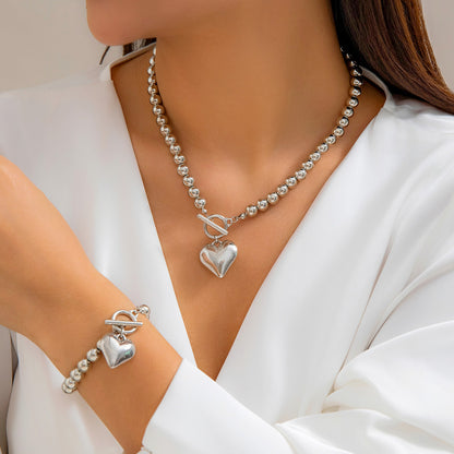Trendy Hollow Heart Pendant Necklace, Ball Bead Chain Choker Necklace for Women, Elegant Party Jewelry Set