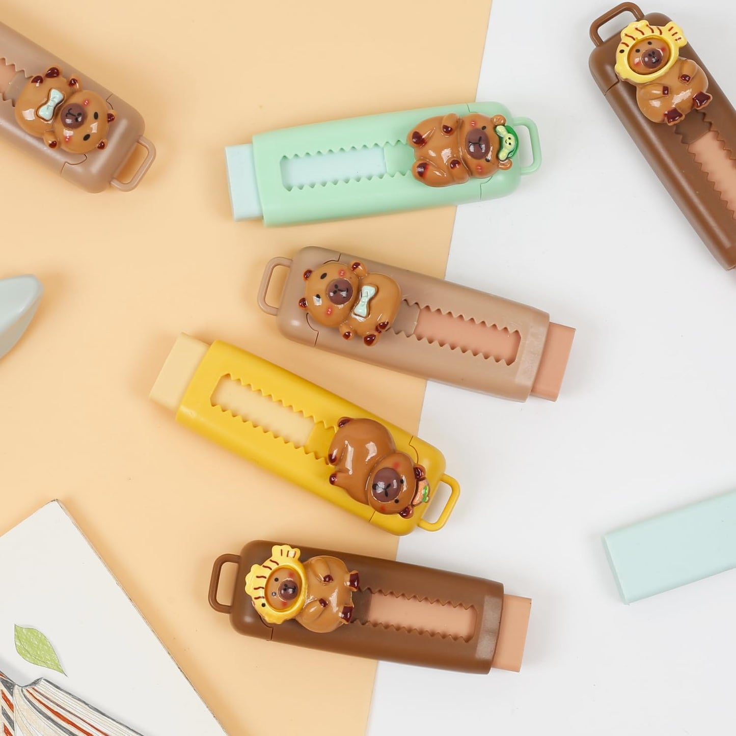 Capybara Erasers Set Cartoon Design, Retractable Eraser for Drawing Exams, Kids Students Back to School Stationery Fun
