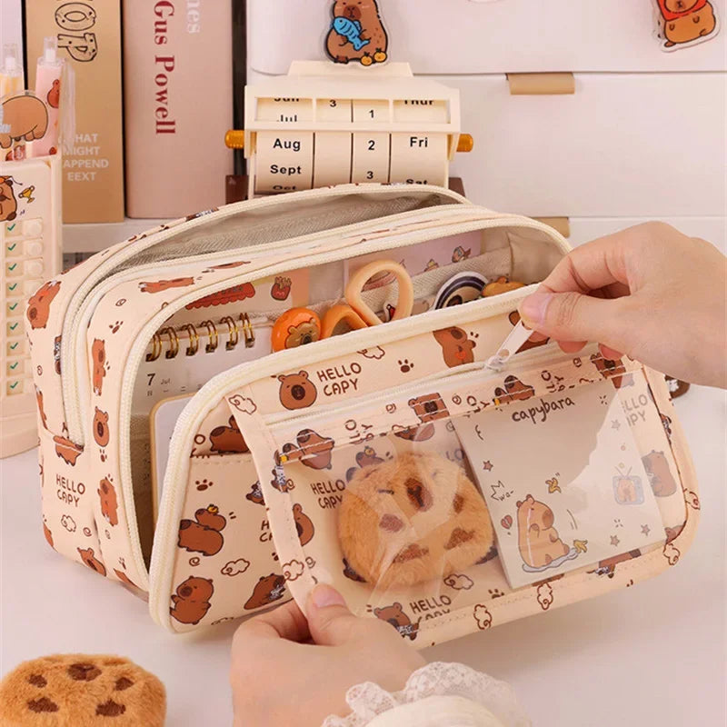 Capybara Multi-Layer Large Capacity Pencil Case, Cute Cartoon Stationery Organizer, Pen Pouch Back to School Gift