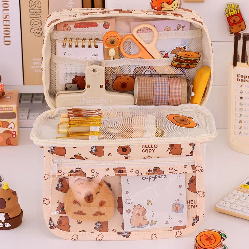 Capybara Multi-Layer Large Capacity Pencil Case, Cute Cartoon Stationery Organizer, Pen Pouch Back to School Gift