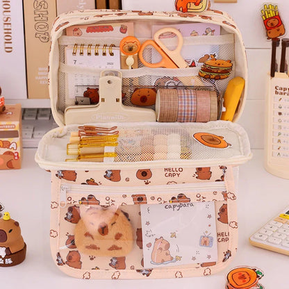 Capybara Multi-Layer Large Capacity Pencil Case, Cute Cartoon Stationery Organizer, Pen Pouch Back to School Gift