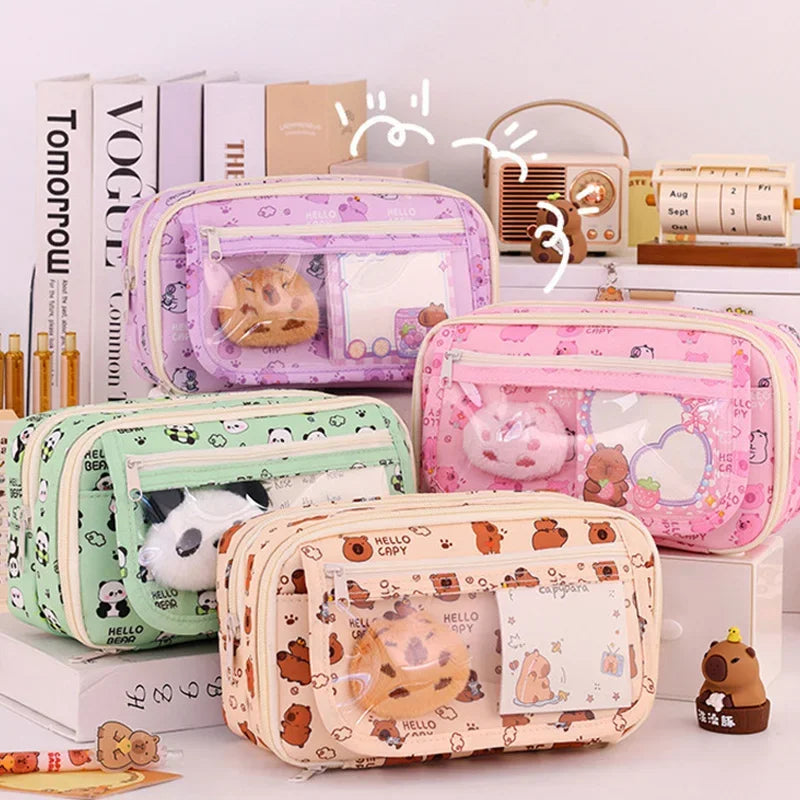 Capybara Multi-Layer Large Capacity Pencil Case, Cute Cartoon Stationery Organizer, Pen Pouch Back to School Gift