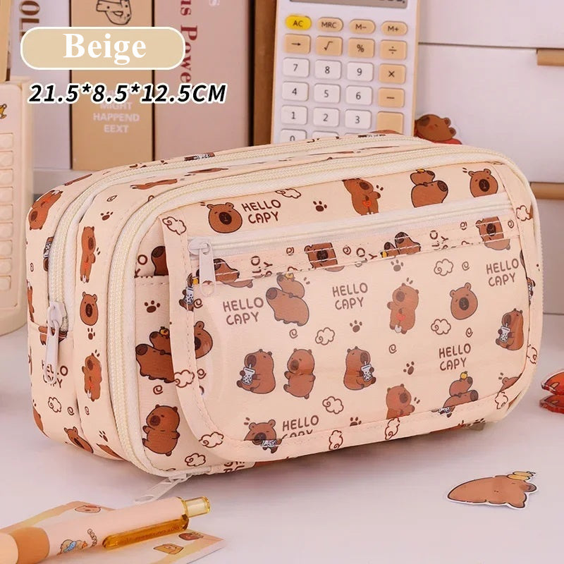 Capybara Multi-Layer Large Capacity Pencil Case, Cute Cartoon Stationery Organizer, Pen Pouch Back to School Gift