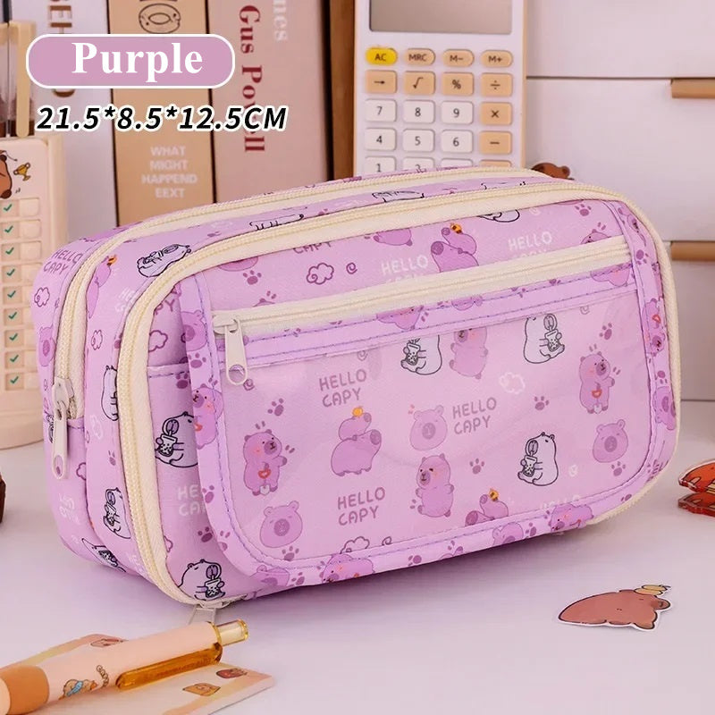 Capybara Multi-Layer Large Capacity Pencil Case, Cute Cartoon Stationery Organizer, Pen Pouch Back to School Gift