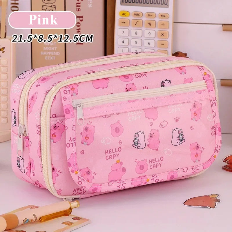 Capybara Multi-Layer Large Capacity Pencil Case, Cute Cartoon Stationery Organizer, Pen Pouch Back to School Gift