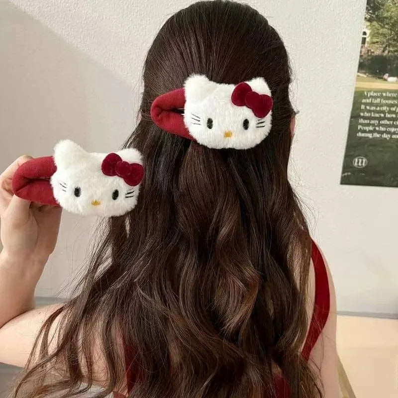 Hello Kitty Hair Clip with Red Bow, Kawaii Anime Plush Headwear, Cute Fashion Hairband Decoration for Girls & Women
