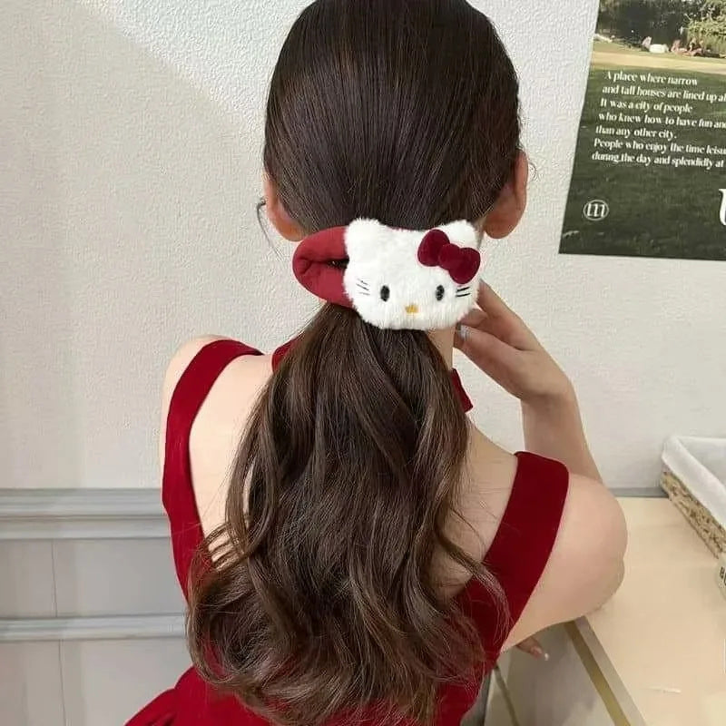 Hello Kitty Hair Clip With Red Bow Kawaii Anime Plush Headwear Cute Fashion Hairband Decoration For 1