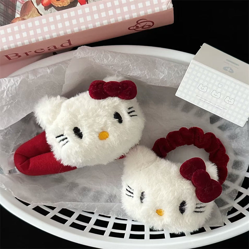 Hello Kitty Hair Clip With Red Bow Kawaii Anime Plush Headwear Cute Fashion Hairband Decoration For 5