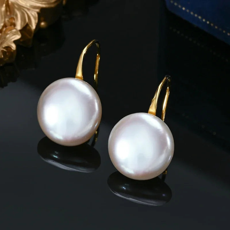 White Button Shape Baroque Pearl Earring 925 Sterling Silver Ear Hook Jewelry for Women