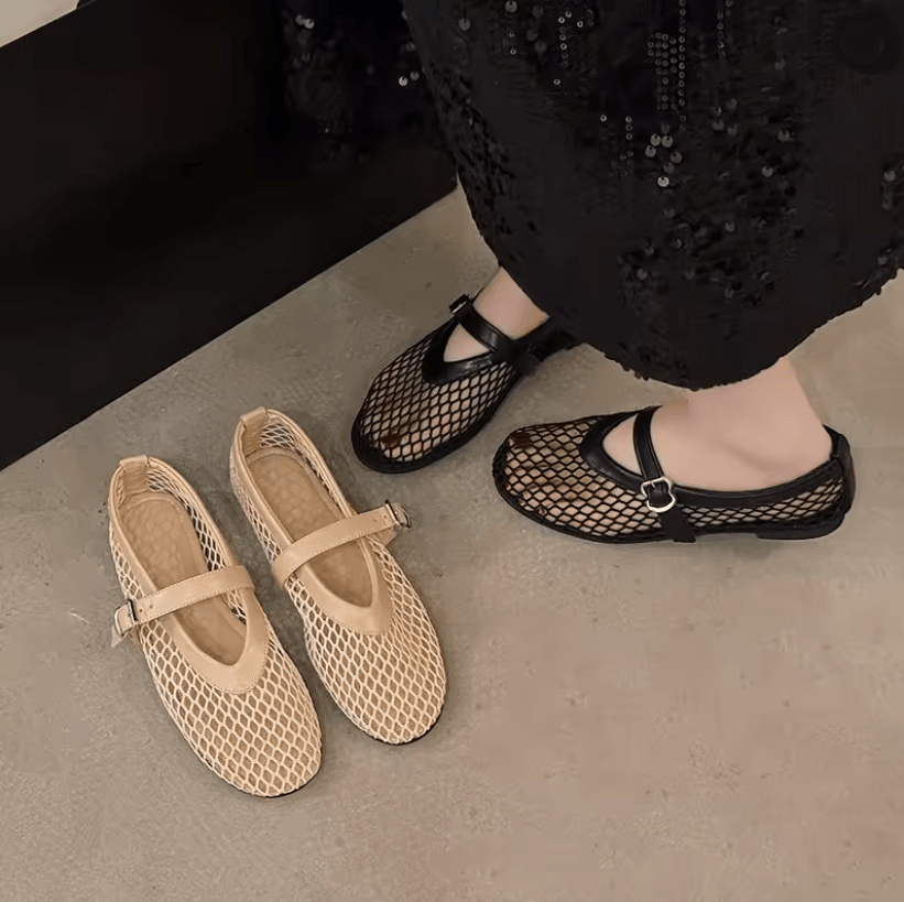 SummerBreeze Fishnet Mary Jane Flats Breathable Round Toe Casual Shoes