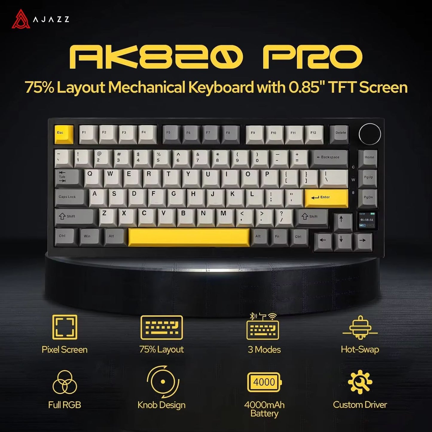 Ajazz AK820Pro Wireless Mechanical Gaming Keyboard – Hot-Swappable, Gasket-Mounted, with Customizable Knob