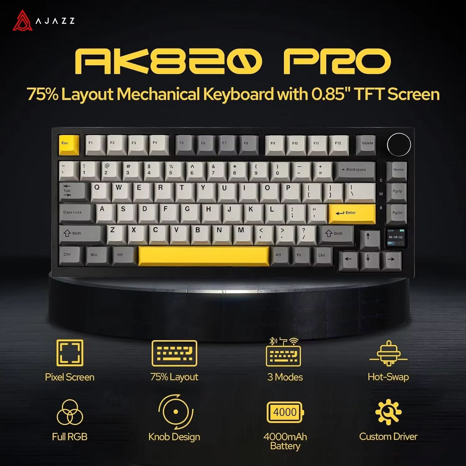 Ajazz AK820Pro Wireless Mechanical Gaming Keyboard – Hot-Swappable, Gasket-Mounted, with Customizable Knob