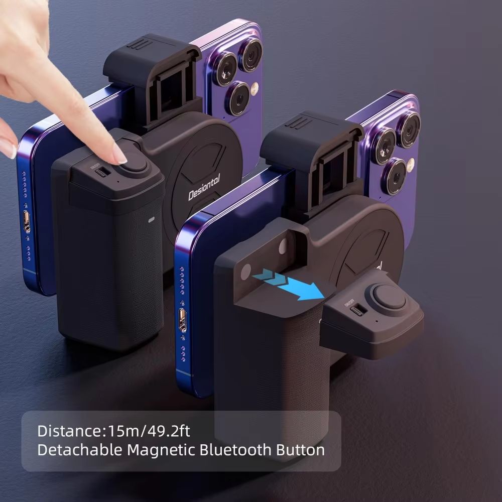 Sleek Selfie Grip and Phone Camera Grip with Detachable Bluetooth Remote