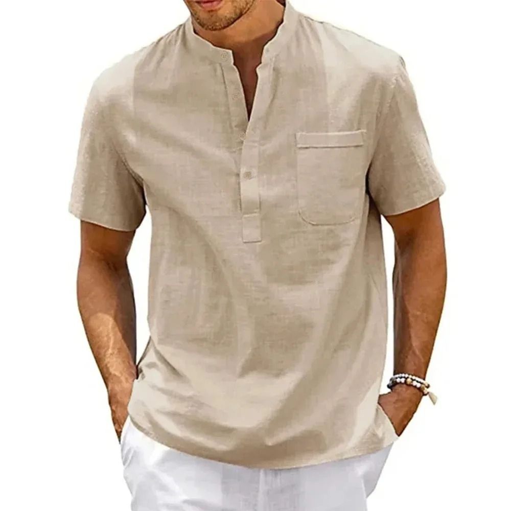 Mens Cotton Linen Short Sleeve Shirt With Henley Neck And Pocket For Casual Beachwear And Street St 10
