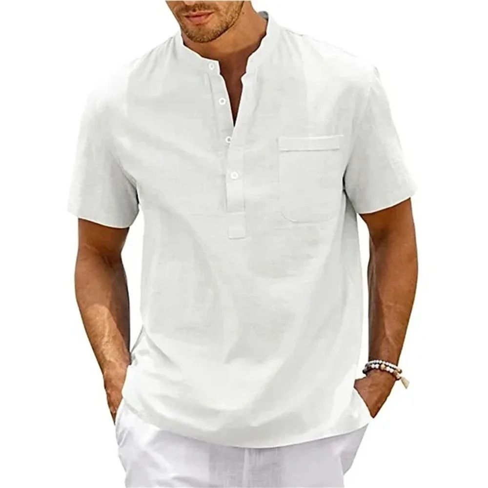 Mens Cotton Linen Short Sleeve Shirt With Henley Neck And Pocket For Casual Beachwear And Street St 11