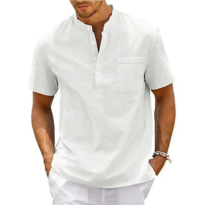 Mens Cotton Linen Short Sleeve Shirt With Henley Neck And Pocket For Casual Beachwear And Street St 11